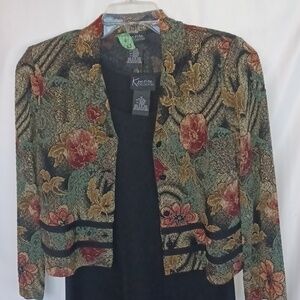 2 Piece Vintage K Petite Black Dress/ Green Floral Crop Jacket, 8P, 19"PTP, 48"L